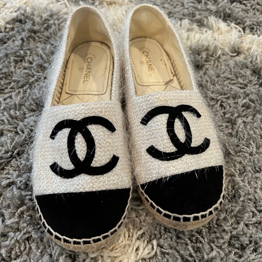 Chanel white glitter tinsel espadrilles size 36